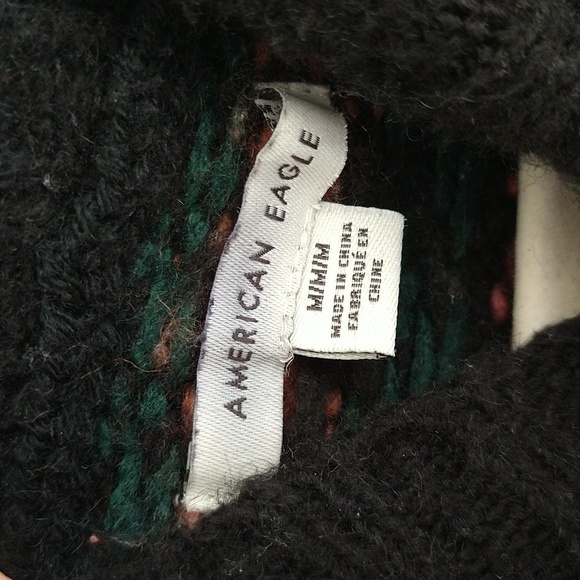 American Eagle Black Batwing Fair Isle Pink & Green Printed Wool Blend Sweater - Picture 13 of 16
